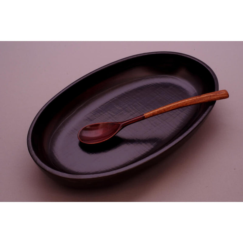 Japanese lacquerware all natural handmade Kijiro urushi lacquer oval bowl view with spoon